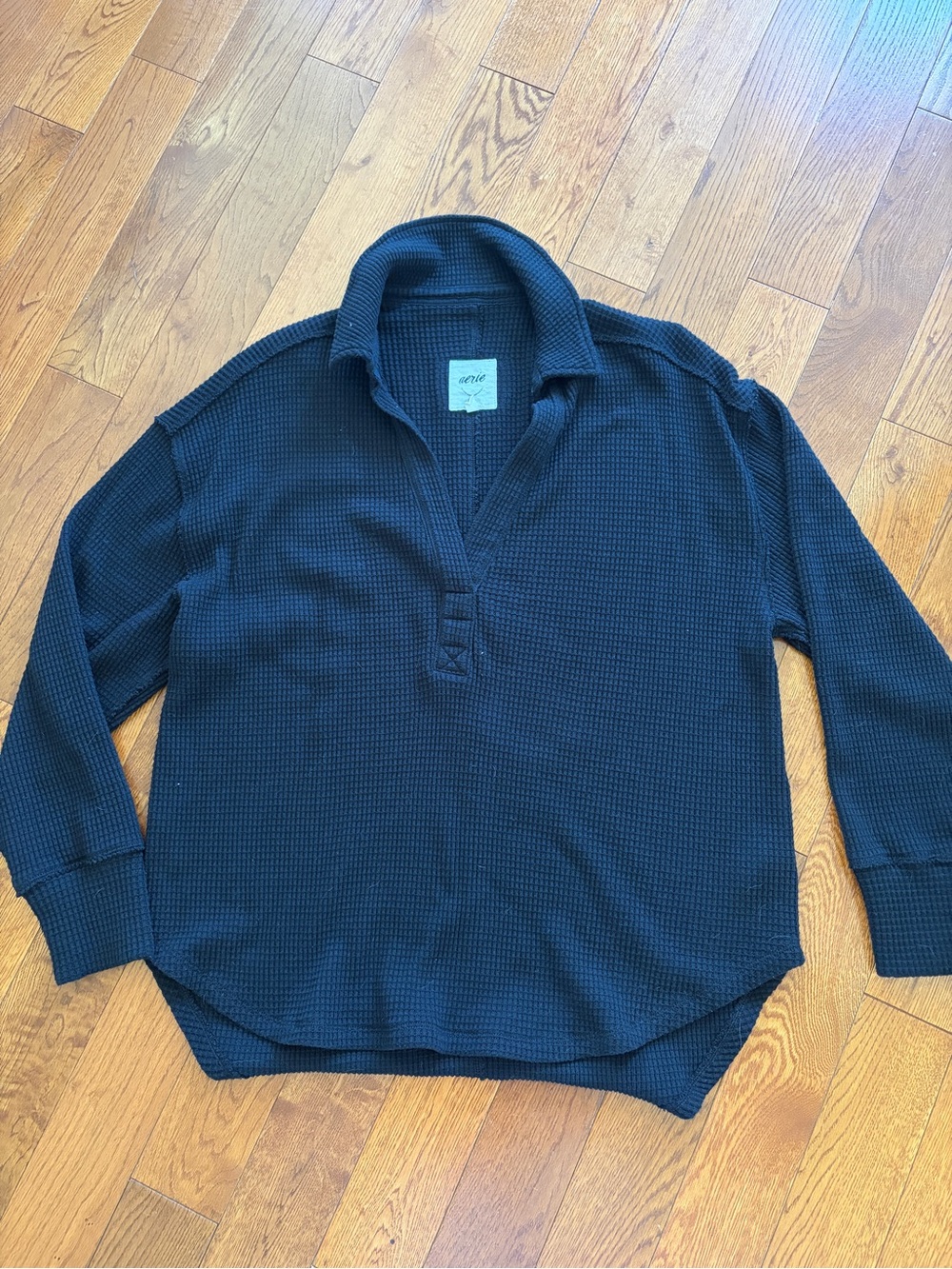 Aerie Black Waffle Knit Pullover Shirt